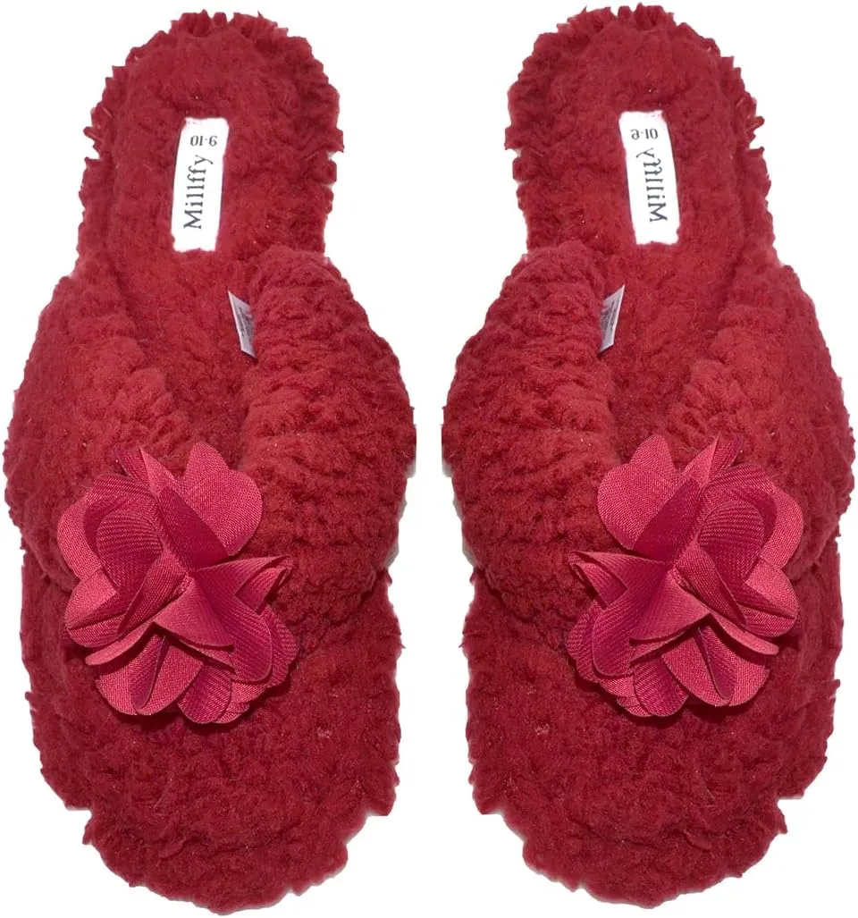 Millffy Plush Cozy Faux Shearling Thong Slide On Sherpa Womens Flip-Flops Slippers with Flowers