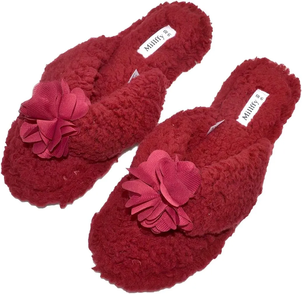 Millffy Plush Cozy Faux Shearling Thong Slide On Sherpa Womens Flip-Flops Slippers with Flowers