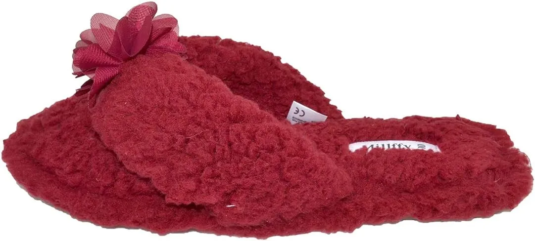 Millffy Plush Cozy Faux Shearling Thong Slide On Sherpa Womens Flip-Flops Slippers with Flowers