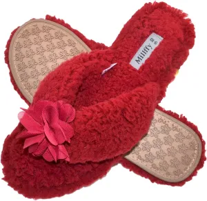 Millffy Plush Cozy Faux Shearling Thong Slide On Sherpa Womens Flip-Flops Slippers with Flowers