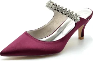 Minishion Womens Formal Shoes for Wedding Low Heel Pointed Toe Party Prom Pumps Mule with Rhinestones BR039
