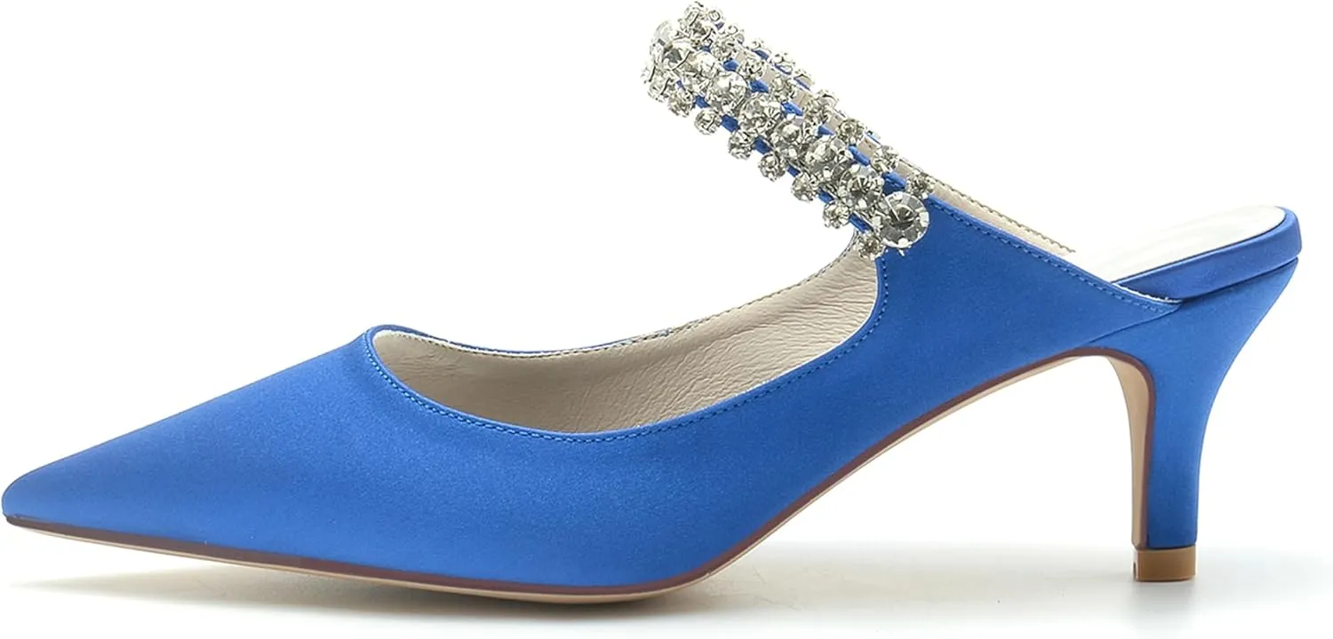 Minishion Womens Formal Shoes for Wedding Low Heel Pointed Toe Party Prom Pumps Mule with Rhinestones BR039