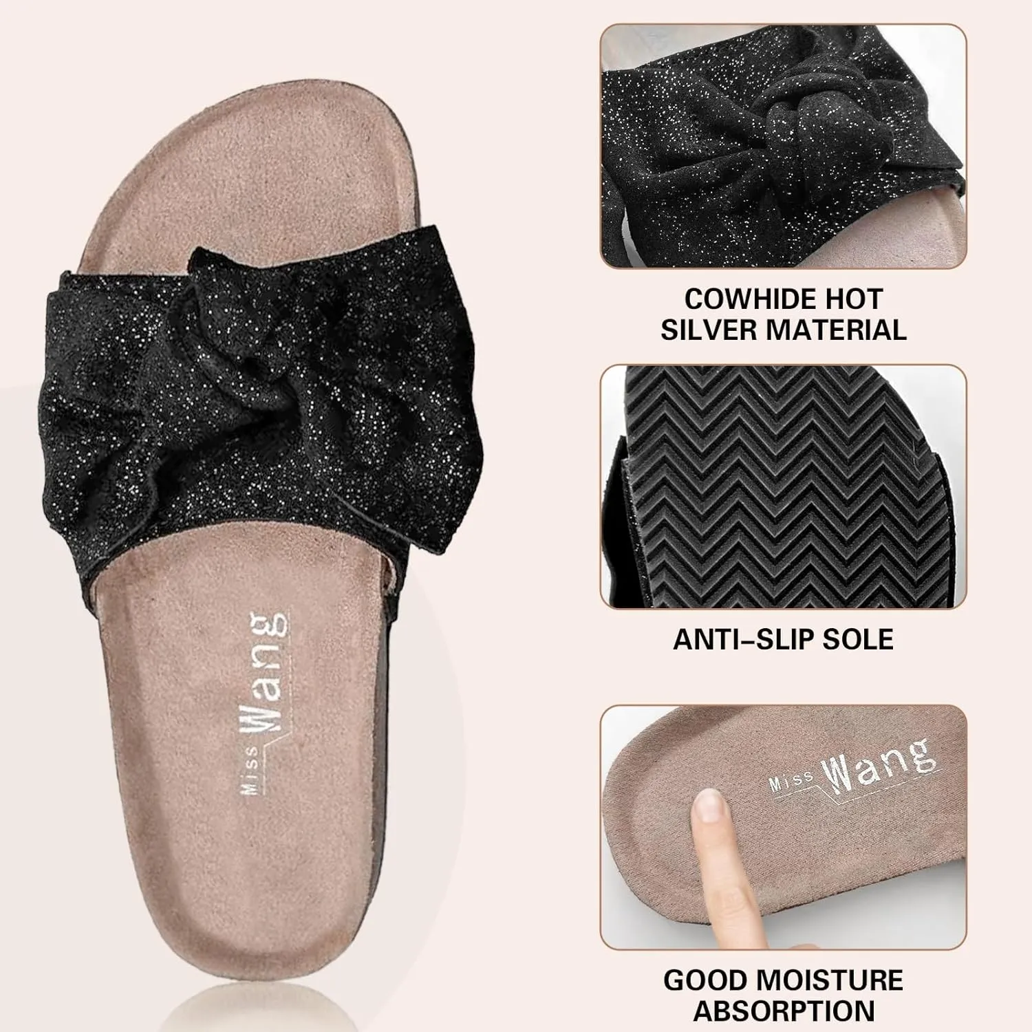 Miss Wang Flat Slide Sandals for Womnen Summer Sandals with Twist Knot Bow Open Toe Slide Sandals Flat Comfort Slip on Sandals