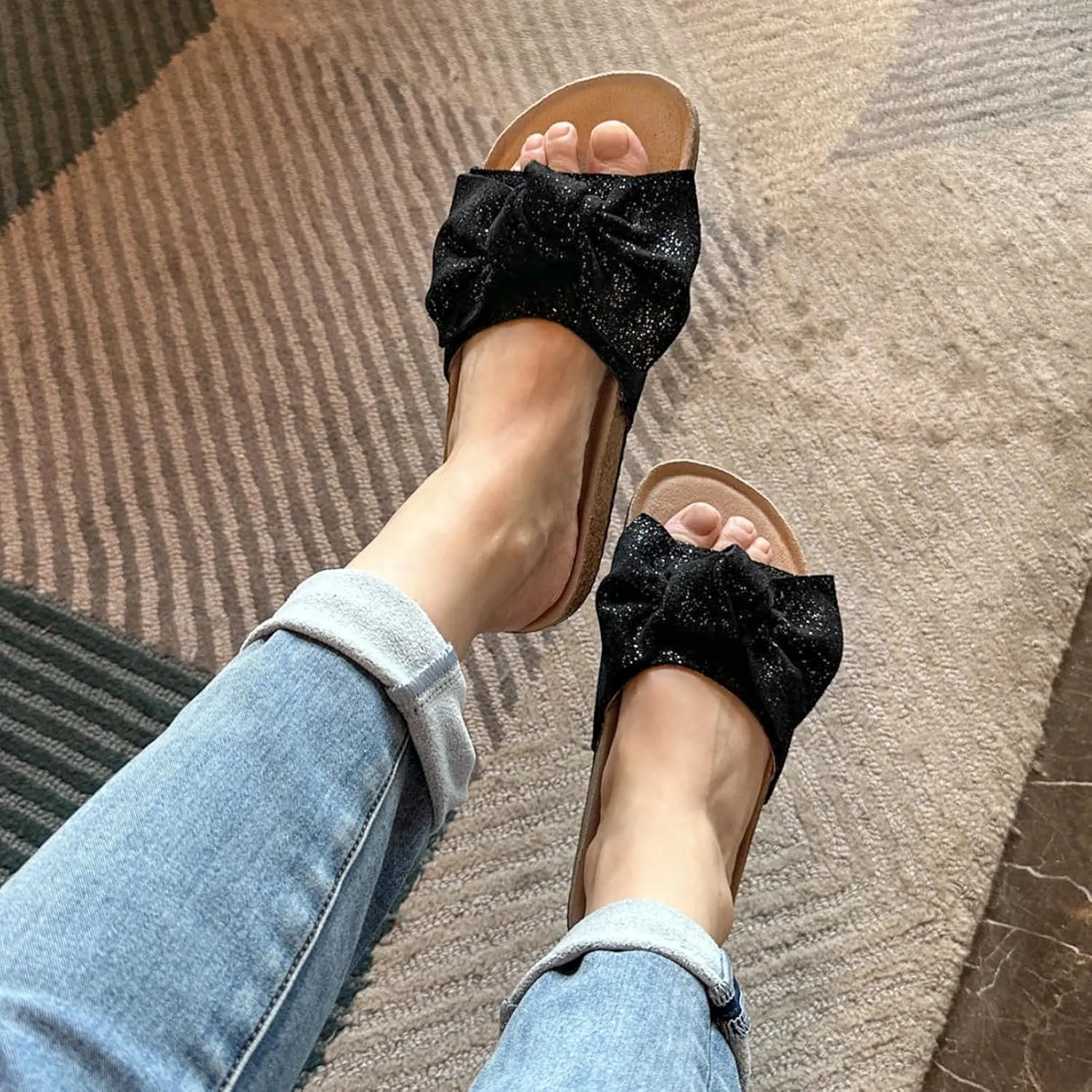 Miss Wang Flat Slide Sandals for Womnen Summer Sandals with Twist Knot Bow Open Toe Slide Sandals Flat Comfort Slip on Sandals