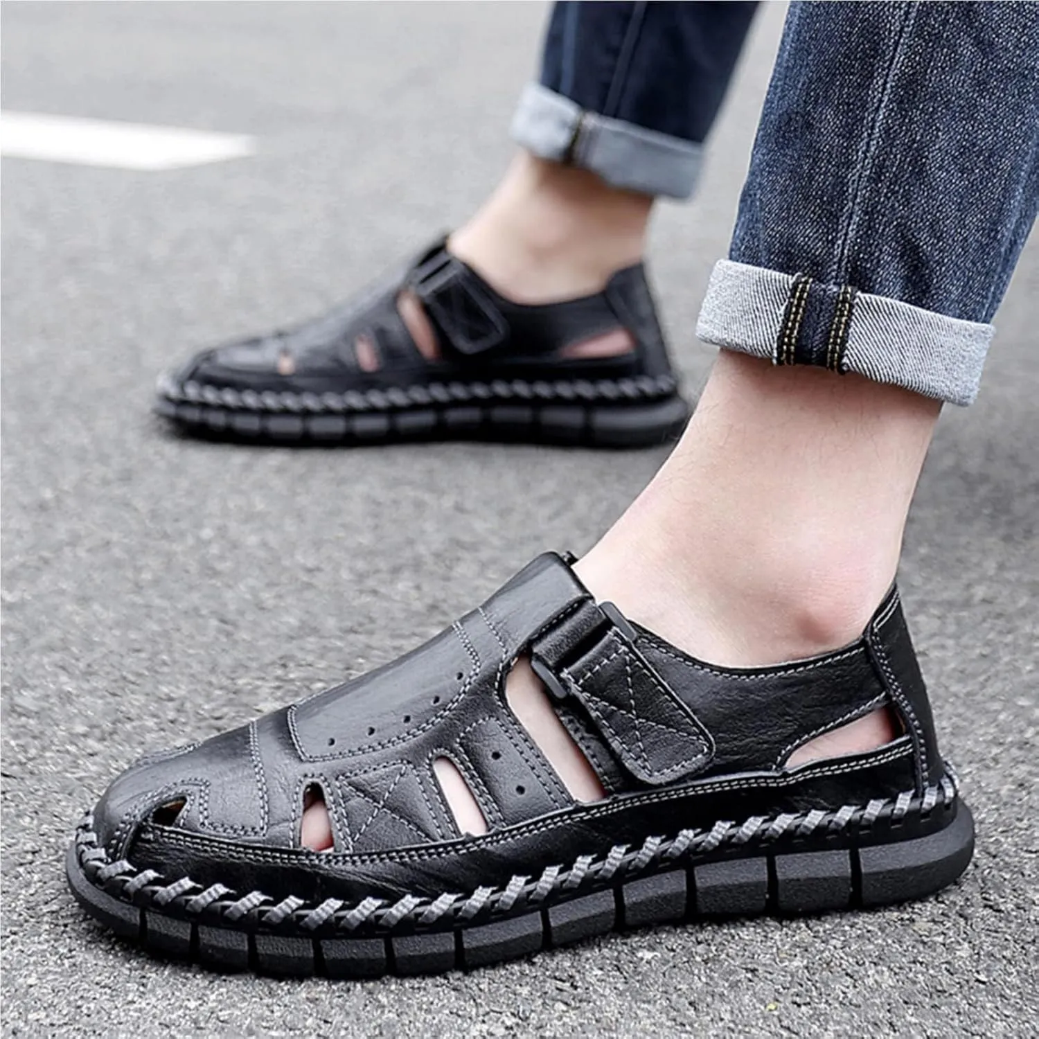 Moodeng Men's Sport Sandals Summer Leather Sandals Slip-on Causal Shoes Outdoor Loafers Closed Toe Fisherman Sandal