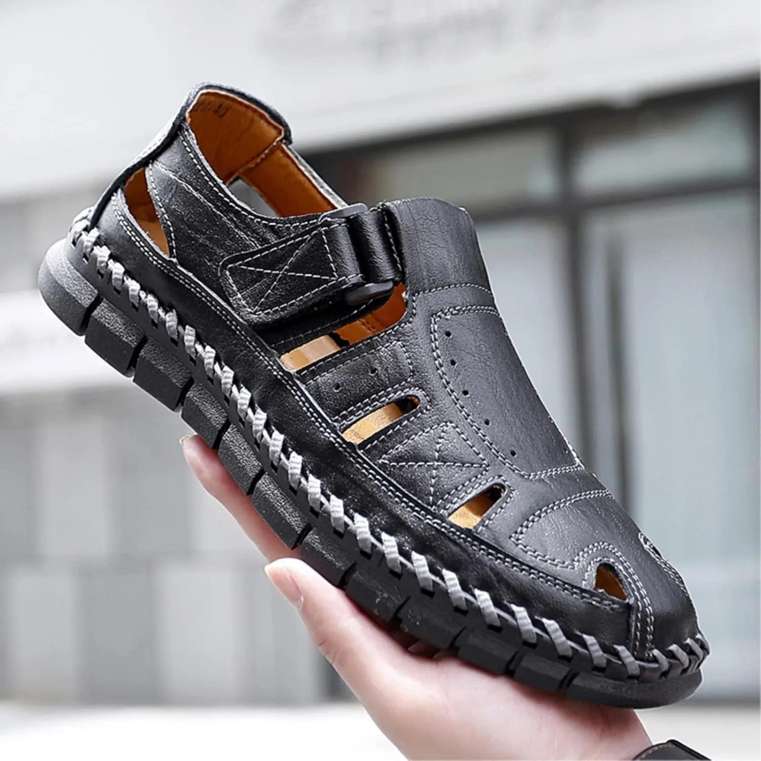 Moodeng Men's Sport Sandals Summer Leather Sandals Slip-on Causal Shoes Outdoor Loafers Closed Toe Fisherman Sandal