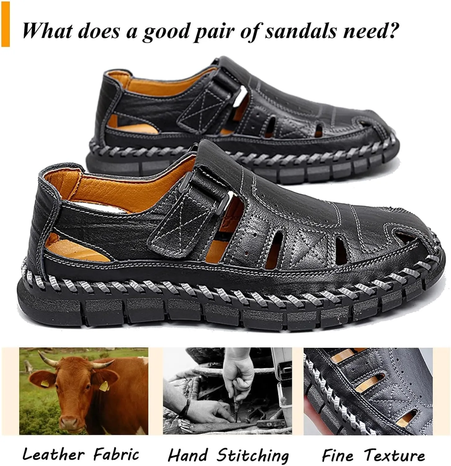 Moodeng Men's Sport Sandals Summer Leather Sandals Slip-on Causal Shoes Outdoor Loafers Closed Toe Fisherman Sandal