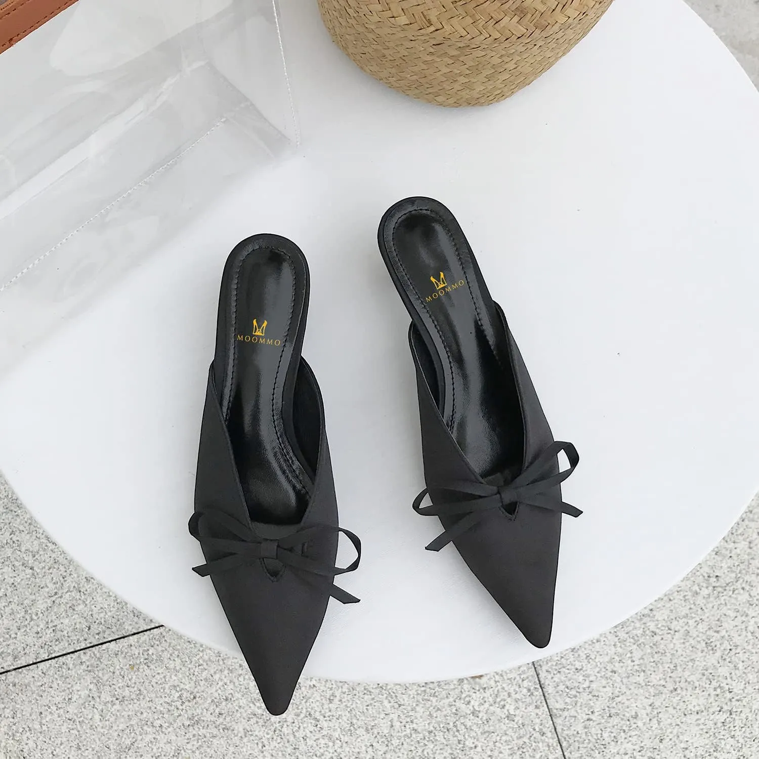 MOOMMO Women Satin Kitten Heel Mules Sandals Pointed Toe Slip On Bowtie Slide Sandal 1.5 Inch Low Heels Backless Loafer Shoes for Office Ladies Dressy Casual Summer Comfort Heeled Slipper 5-13 M US