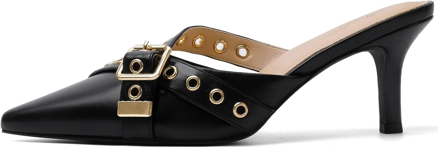 Mostrin Kitten Mules Heels for Women Pointed Closed Toe Heels Vintage Slip on Stiletto Dressy Pumps Shoes