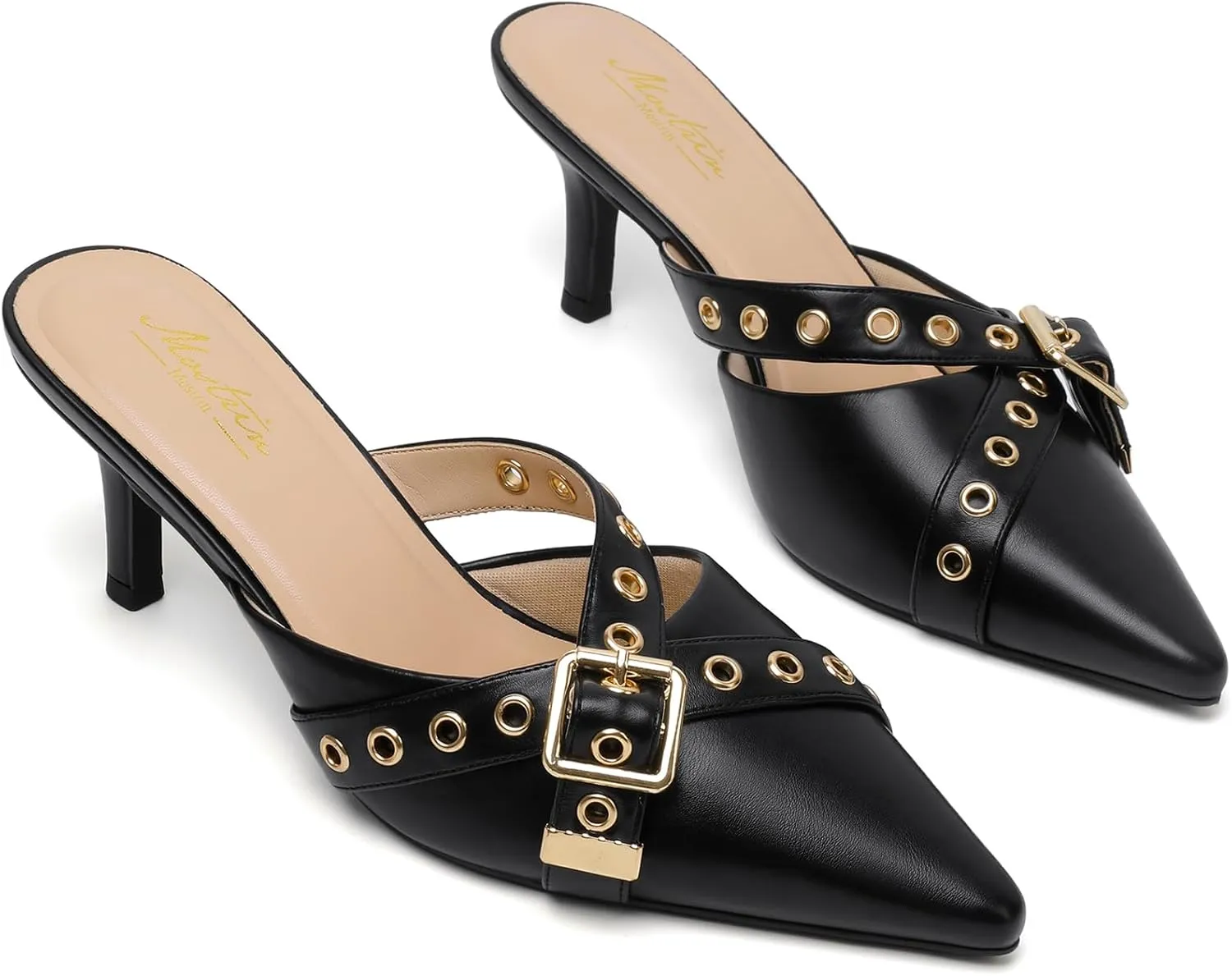 Mostrin Kitten Mules Heels for Women Pointed Closed Toe Heels Vintage Slip on Stiletto Dressy Pumps Shoes