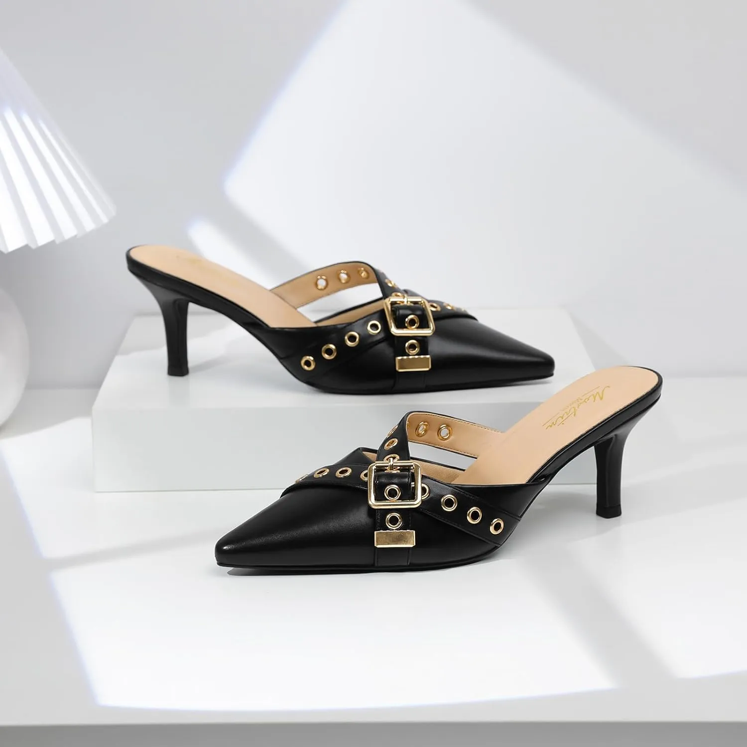 Mostrin Kitten Mules Heels for Women Pointed Closed Toe Heels Vintage Slip on Stiletto Dressy Pumps Shoes