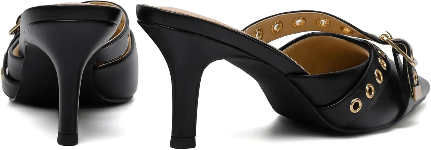 Mostrin Kitten Mules Heels for Women Pointed Closed Toe Heels Vintage Slip on Stiletto Dressy Pumps Shoes