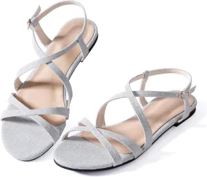 Mtzyoa Women Flat Sandals Summer Gladiator Adjustable Ankle Strappy Dressy Cross Vacation Comfort Cushioning Leather Non-Slip Casual Party Trendy