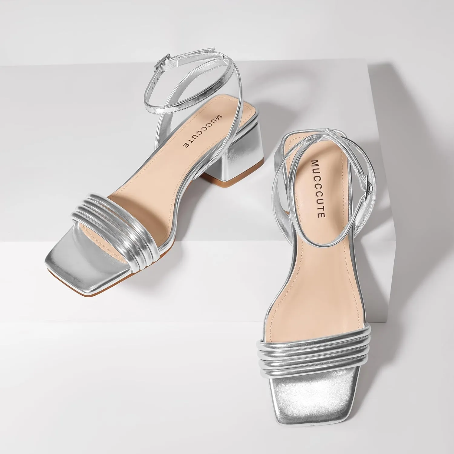 MUCCCUTE Women's Sandals Square Open Toe Strappy Heels for Women Ankle Strap 2 Inch Party Prom Dressy