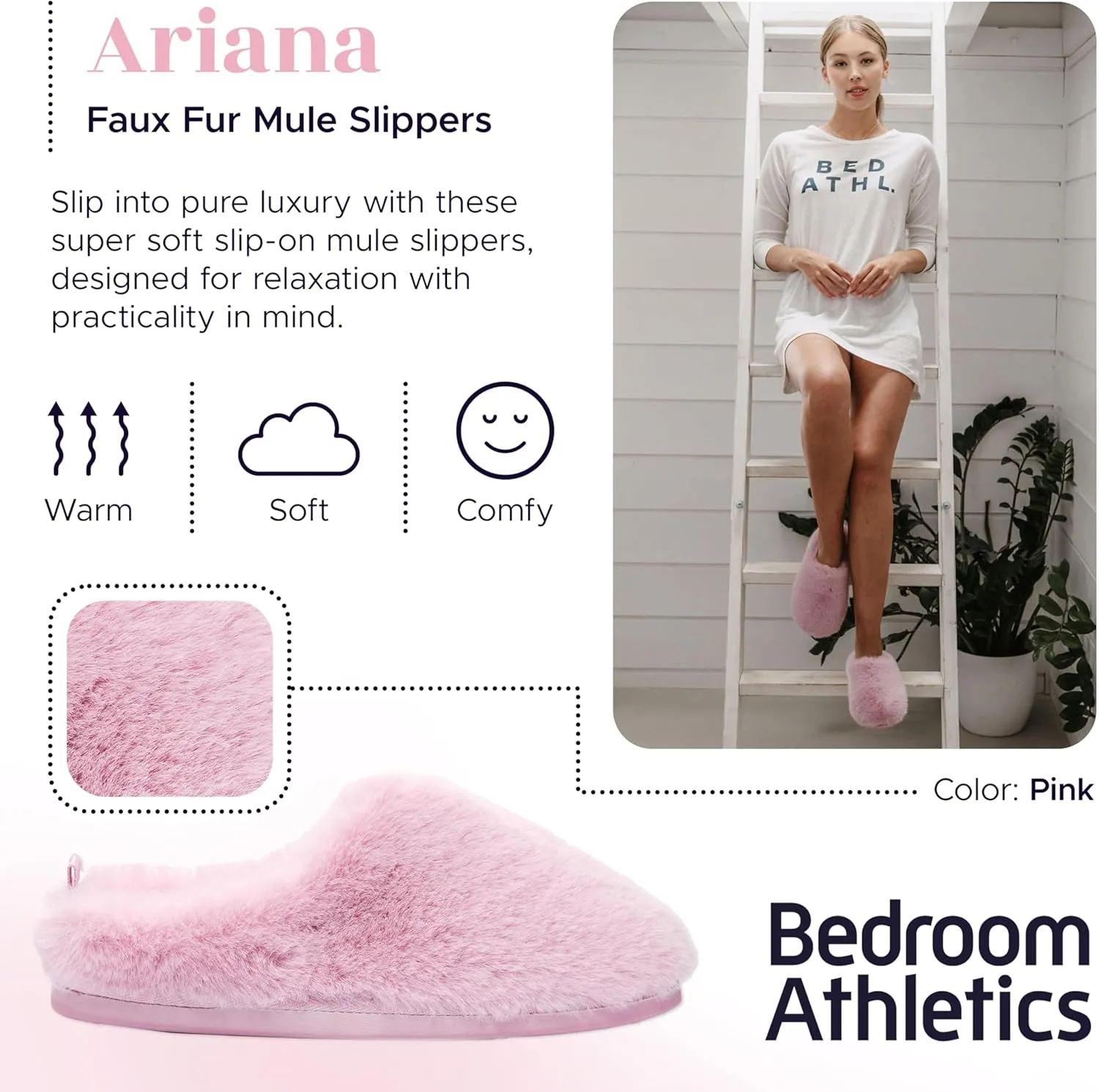 Mule Slippers for Women Indoor Outdoor - Faux Fur Slides, Memory Foam Slip On Slippers - Non-Slip Outsole, Machine Washable - Womens Slip On House Shoes - Ariana