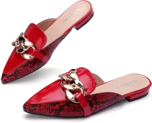 Mules for Women Chain Pointed Toe Flat Slides Mules - Slip on Comfortable Leather Women's Mule Shoe