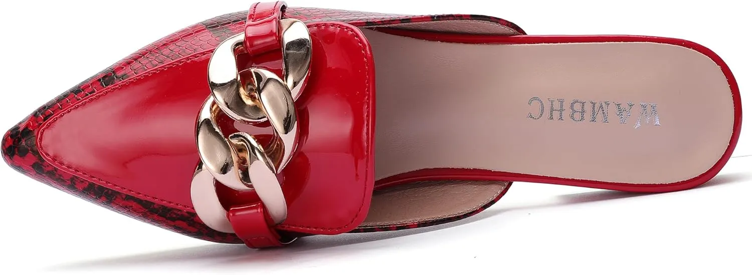Mules for Women Chain Pointed Toe Flat Slides Mules - Slip on Comfortable Leather Women's Mule Shoe