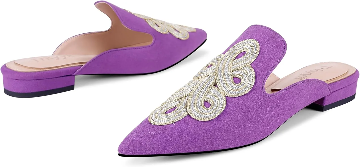 Mules for Women Pointed Toe Comfortable Flats Handmade Knotting Mules Backless Loafers
