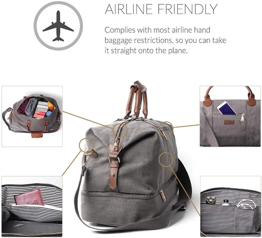 MyMealivos Canvas Weekender Bag, Overnight Travel Carry On Duffel Tote with Shoe Pouch (Grey)