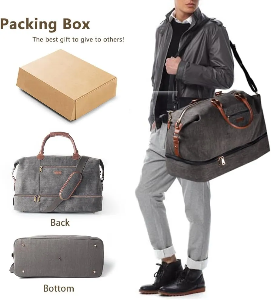 MyMealivos Canvas Weekender Bag, Overnight Travel Carry On Duffel Tote with Shoe Pouch (Grey)
