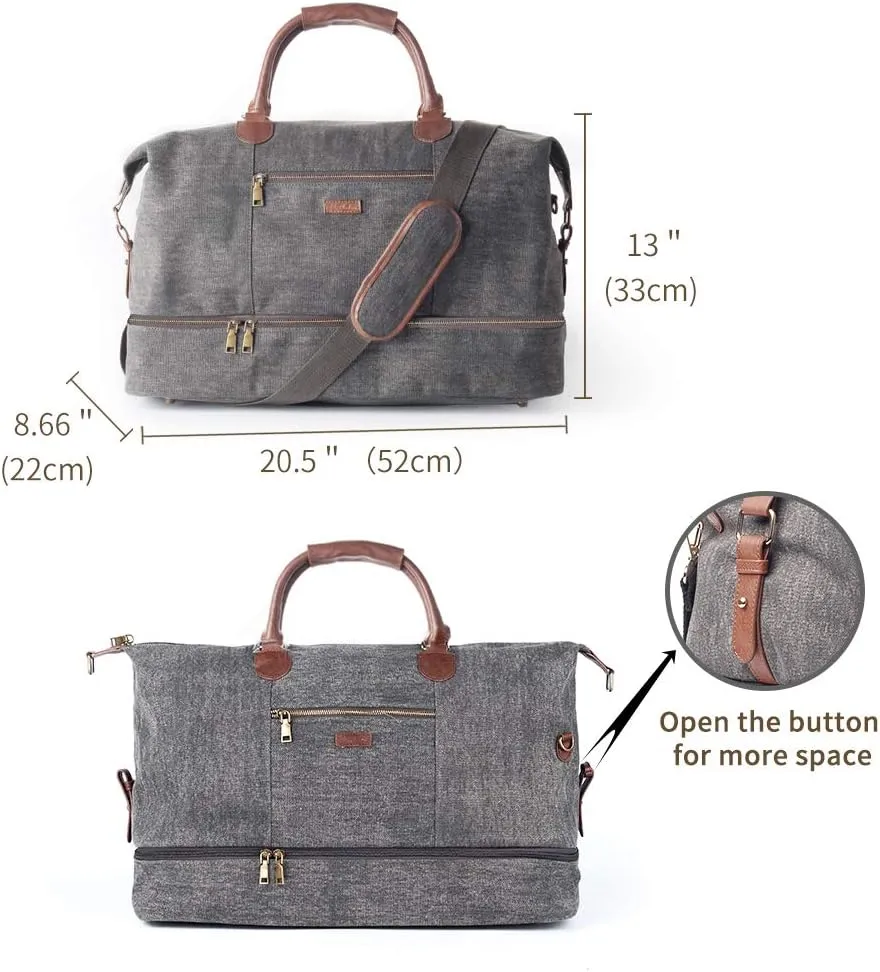 MyMealivos Canvas Weekender Bag, Overnight Travel Carry On Duffel Tote with Shoe Pouch (Grey)