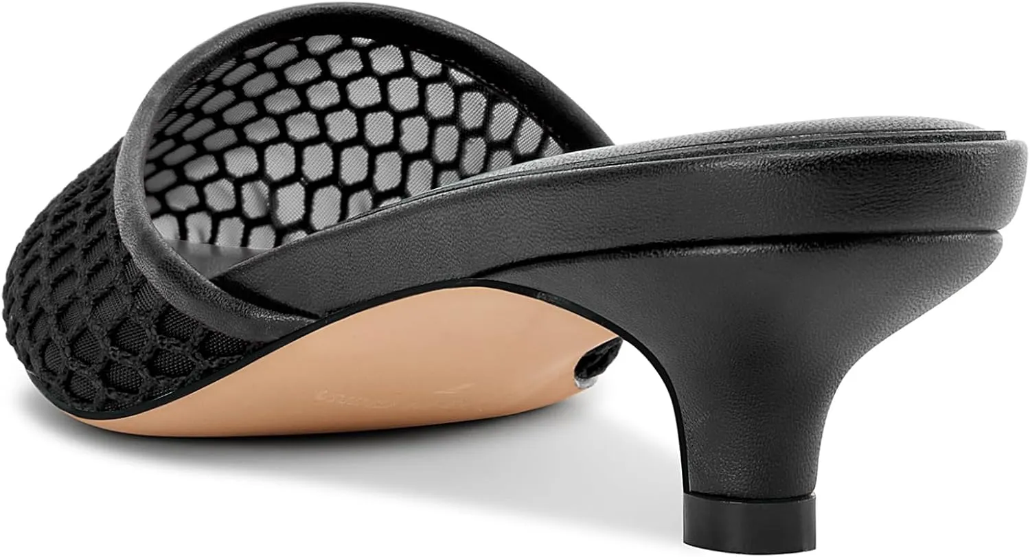 NobleOnly Mesh Mules for Women Close Pointed Toe Kitten Heels Slip on Backless Dress Wedding Casual Pumps 1.4 Inches Heels
