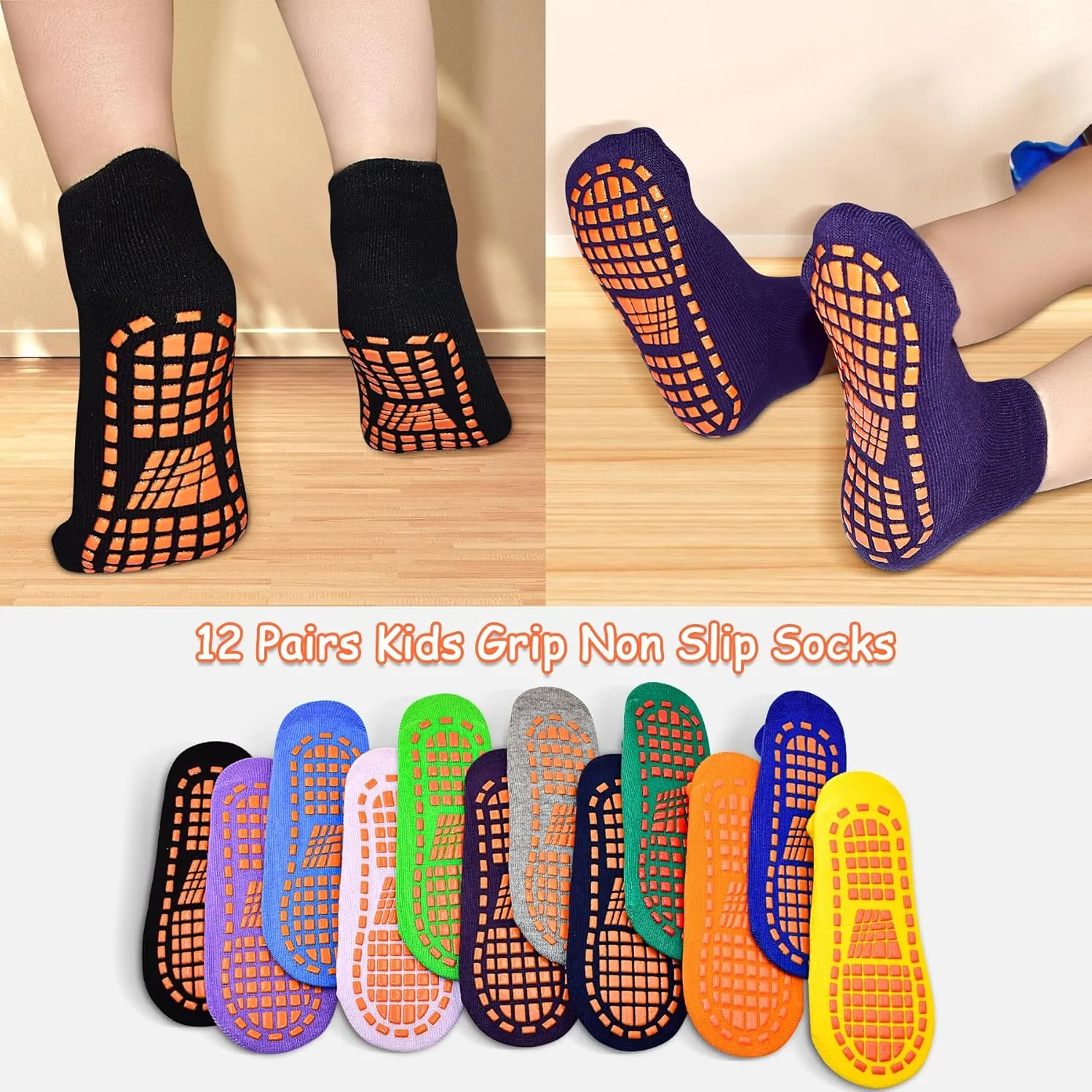 Non Slip Kids Grip Socks Slipper Socks with Grips for Boys 2-13 Years Trampoline Train Home 6/12 Pairs