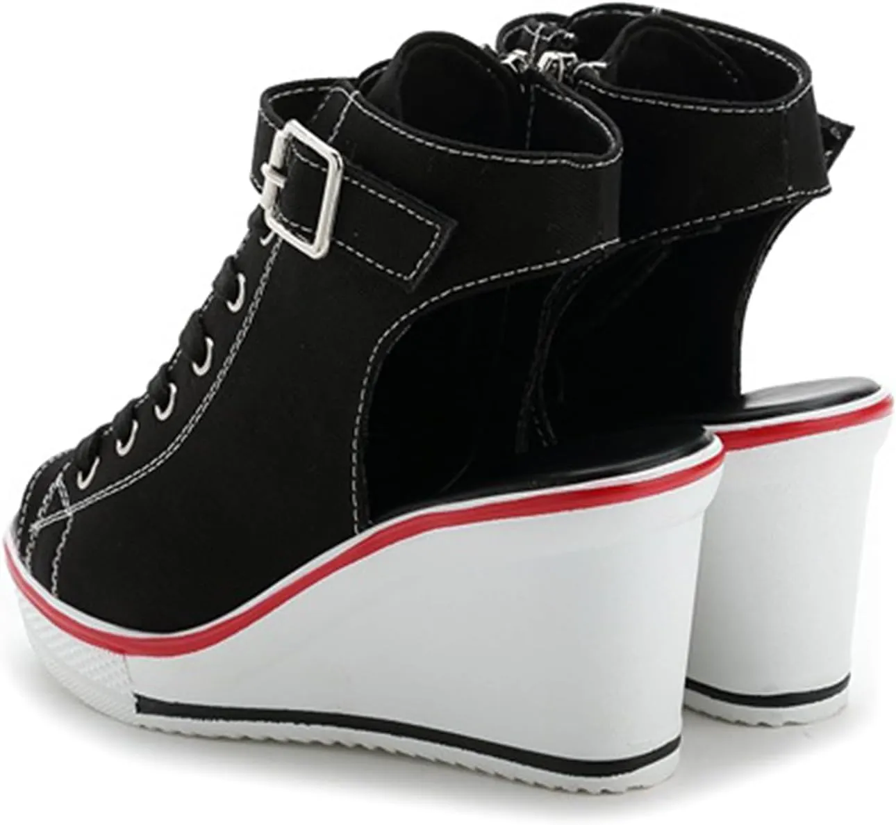 OCHENTA Women's Peep Toe Canvas Wedge Heeled Platform Fashion Sneaker