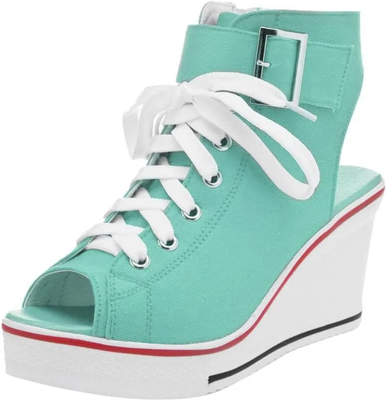 OCHENTA Women's Peep Toe Canvas Wedge Heeled Platform Fashion Sneaker