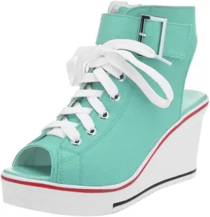 OCHENTA Women's Peep Toe Canvas Wedge Heeled Platform Fashion Sneaker
