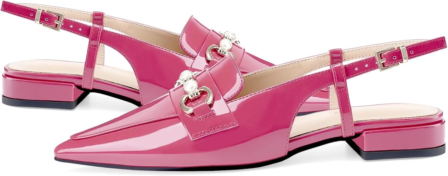 Oh Mispares Slingback Flats for Women Closed Pointed Toe Low Heel Flat Sandals with Pearl Slip On Gold Flats Shoes for Women Wedding Office Causal