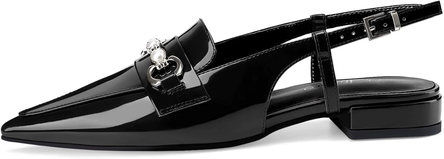 Oh Mispares Slingback Flats for Women Closed Pointed Toe Low Heel Flat Sandals with Pearl Slip On Gold Flats Shoes for Women Wedding Office Causal