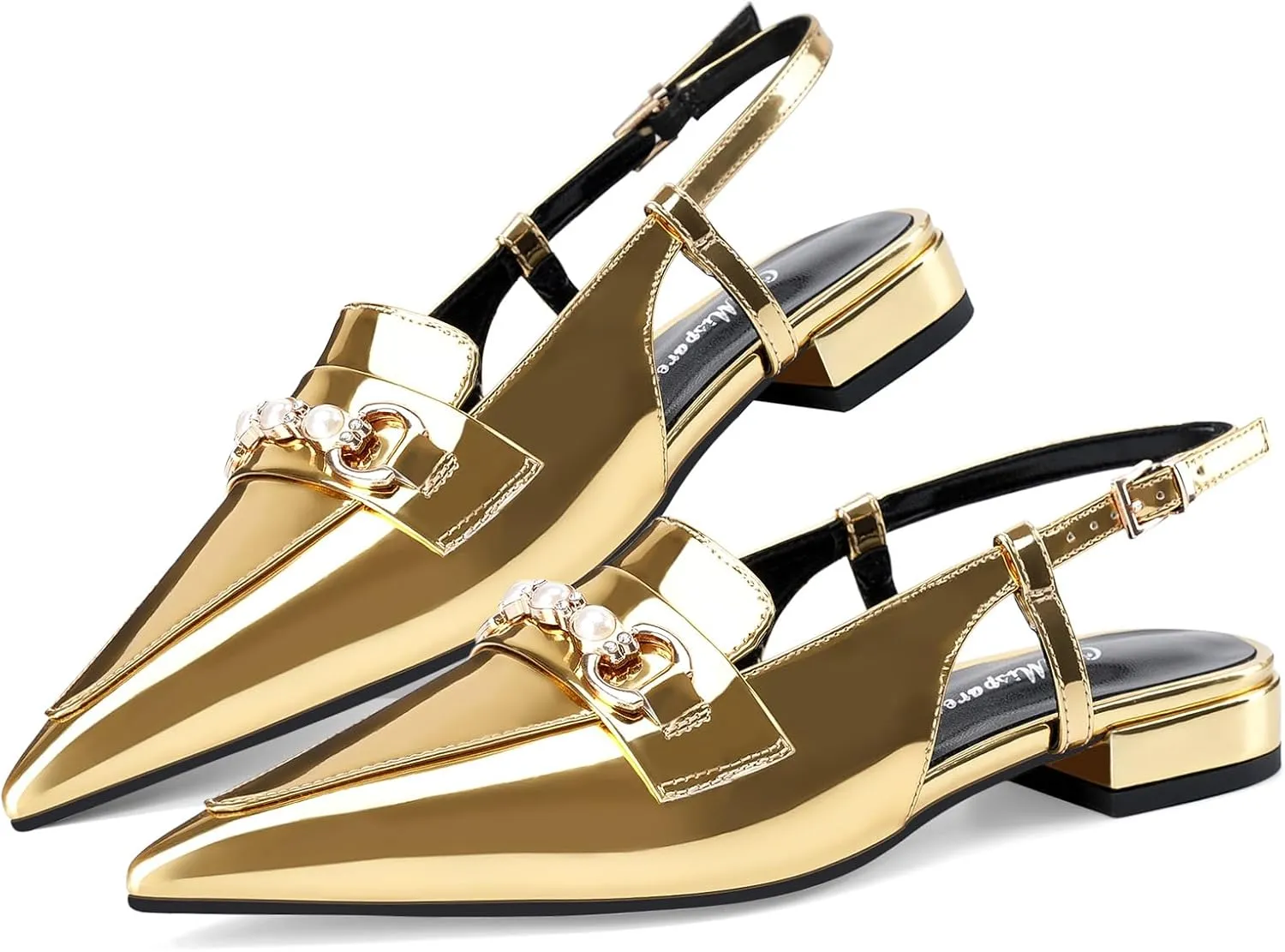 Oh Mispares Slingback Flats for Women Closed Pointed Toe Low Heel Flat Sandals with Pearl Slip On Gold Flats Shoes for Women Wedding Office Causal
