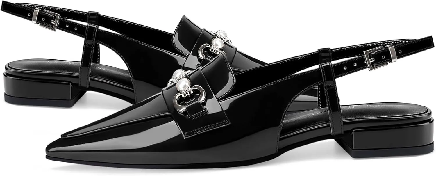 Oh Mispares Slingback Flats for Women Closed Pointed Toe Low Heel Flat Sandals with Pearl Slip On Gold Flats Shoes for Women Wedding Office Causal