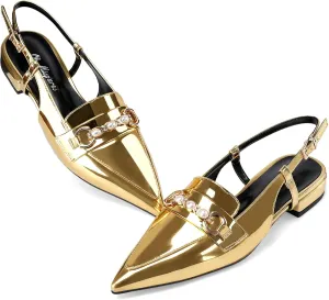 Oh Mispares Slingback Flats for Women Closed Pointed Toe Low Heel Flat Sandals with Pearl Slip On Gold Flats Shoes for Women Wedding Office Causal