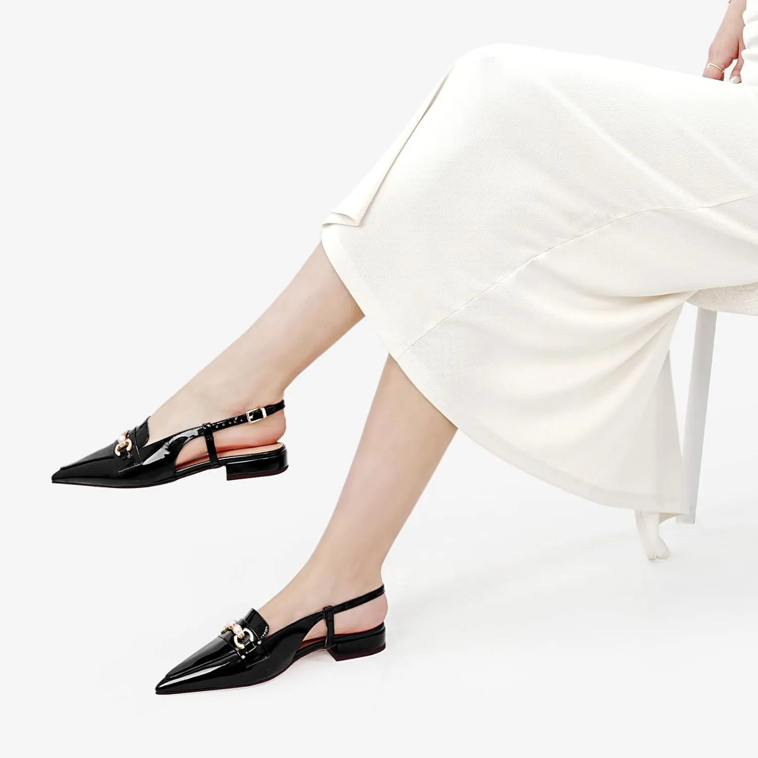 Oh Mispares Slingback Flats for Women Closed Pointed Toe Low Heel Flat Sandals with Pearl Slip On Gold Flats Shoes for Women Wedding Office Causal
