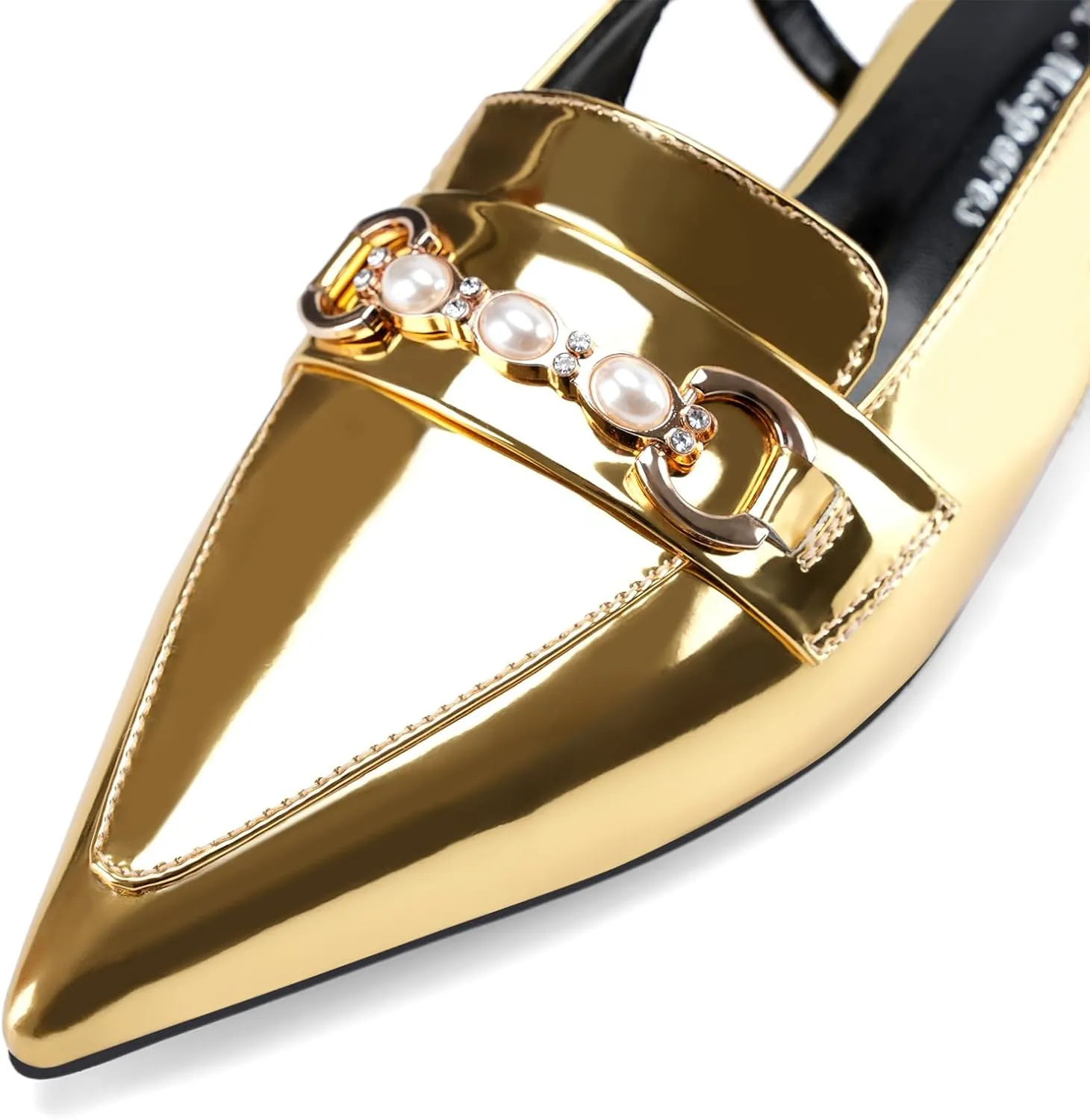Oh Mispares Slingback Flats for Women Closed Pointed Toe Low Heel Flat Sandals with Pearl Slip On Gold Flats Shoes for Women Wedding Office Causal