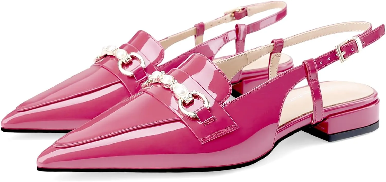 Oh Mispares Slingback Flats for Women Closed Pointed Toe Low Heel Flat Sandals with Pearl Slip On Gold Flats Shoes for Women Wedding Office Causal