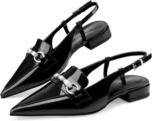 Oh Mispares Slingback Flats for Women Closed Pointed Toe Low Heel Flat Sandals with Pearl Slip On Gold Flats Shoes for Women Wedding Office Causal