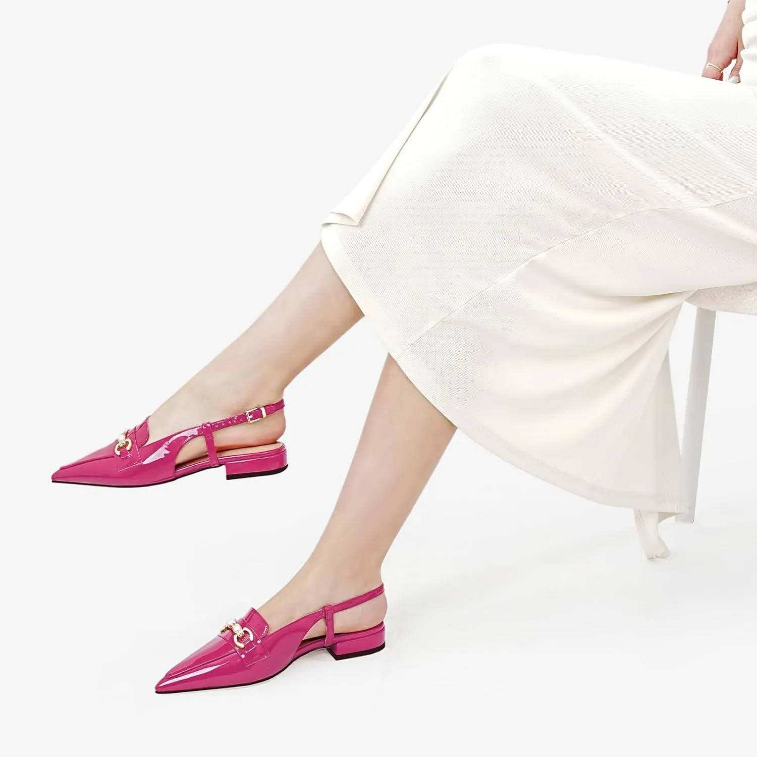 Oh Mispares Slingback Flats for Women Closed Pointed Toe Low Heel Flat Sandals with Pearl Slip On Gold Flats Shoes for Women Wedding Office Causal