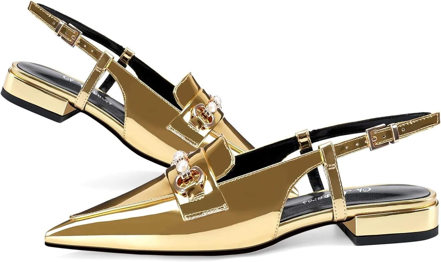 Oh Mispares Slingback Flats for Women Closed Pointed Toe Low Heel Flat Sandals with Pearl Slip On Gold Flats Shoes for Women Wedding Office Causal