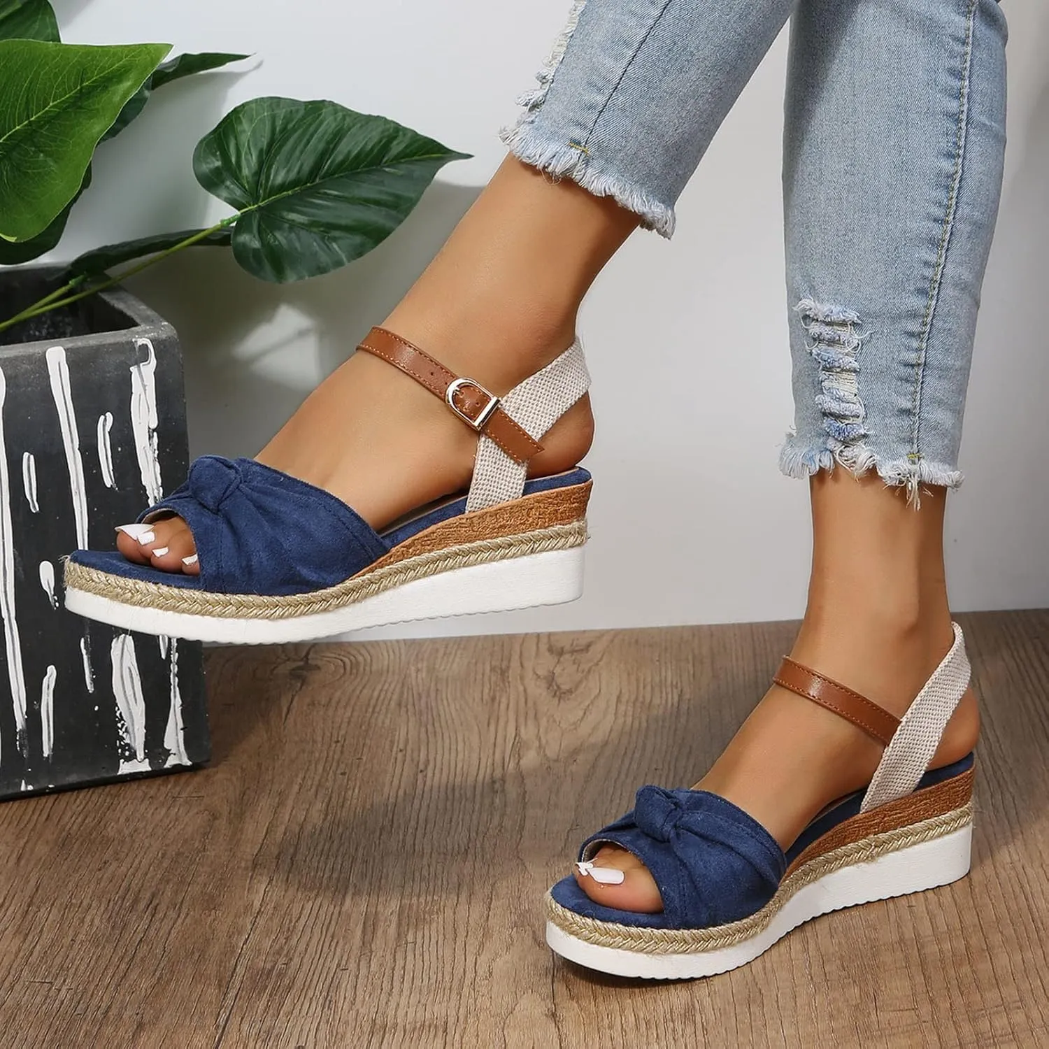 oiangi Womens Wedge Sandals Casual Summer Bow Fish Mouth Open Toe Strap Buckle Platform Sandals Comfortable Hemp Rope Non-Slip Outdoor Ladies Shoes