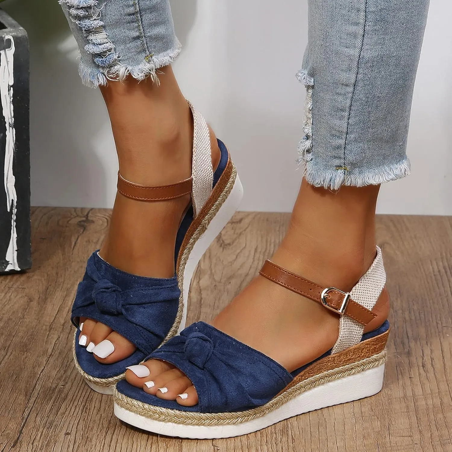 oiangi Womens Wedge Sandals Casual Summer Bow Fish Mouth Open Toe Strap Buckle Platform Sandals Comfortable Hemp Rope Non-Slip Outdoor Ladies Shoes