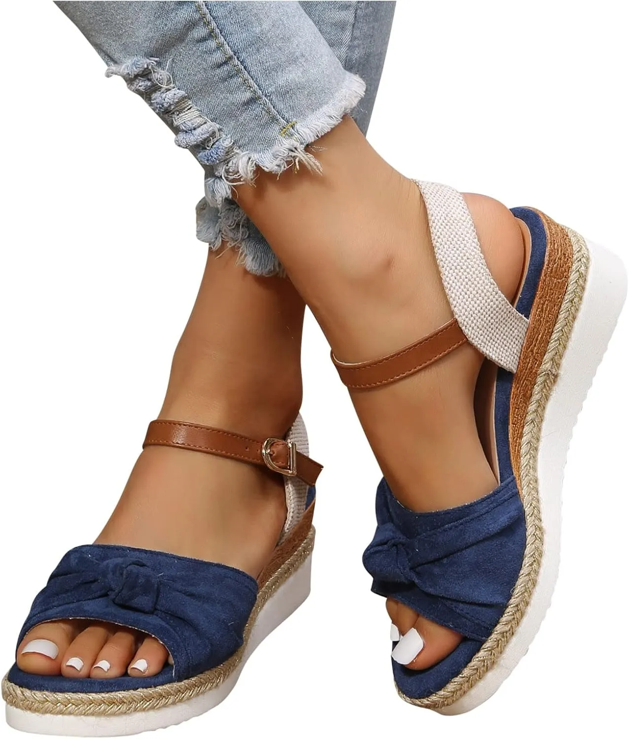 oiangi Womens Wedge Sandals Casual Summer Bow Fish Mouth Open Toe Strap Buckle Platform Sandals Comfortable Hemp Rope Non-Slip Outdoor Ladies Shoes
