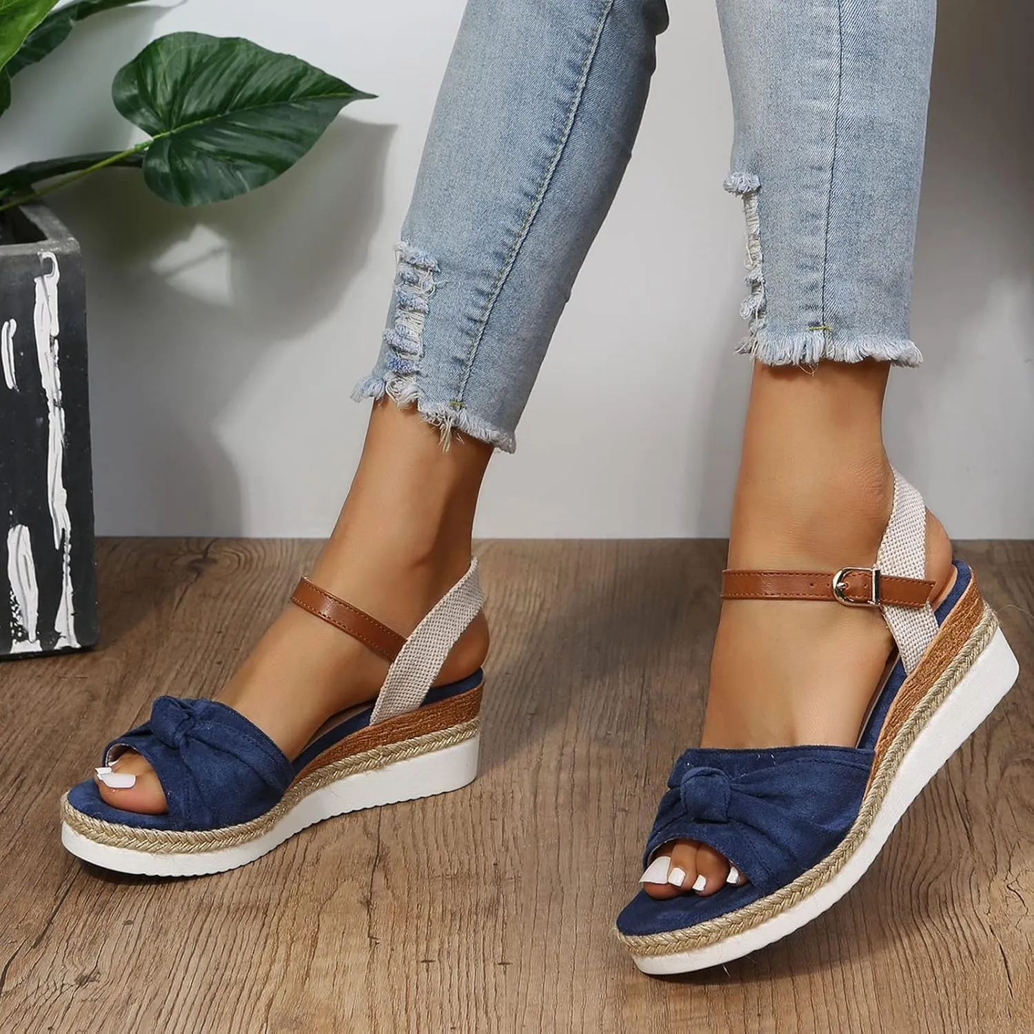 oiangi Womens Wedge Sandals Casual Summer Bow Fish Mouth Open Toe Strap Buckle Platform Sandals Comfortable Hemp Rope Non-Slip Outdoor Ladies Shoes