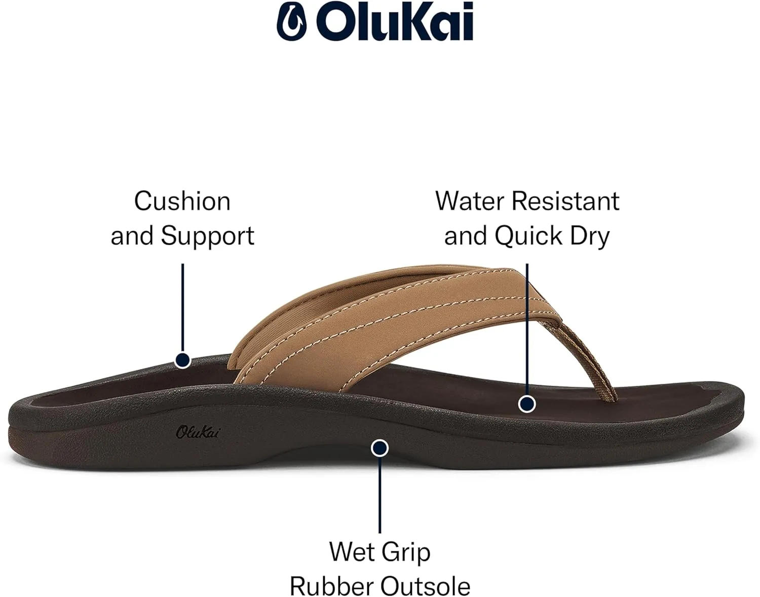 OLUKAI Ohana Women's Beach Sandals, Water Resistant Flip Flops, Arch Support & Comfort Fit, Lightweight & Durable, Enhanced Grip & Traction