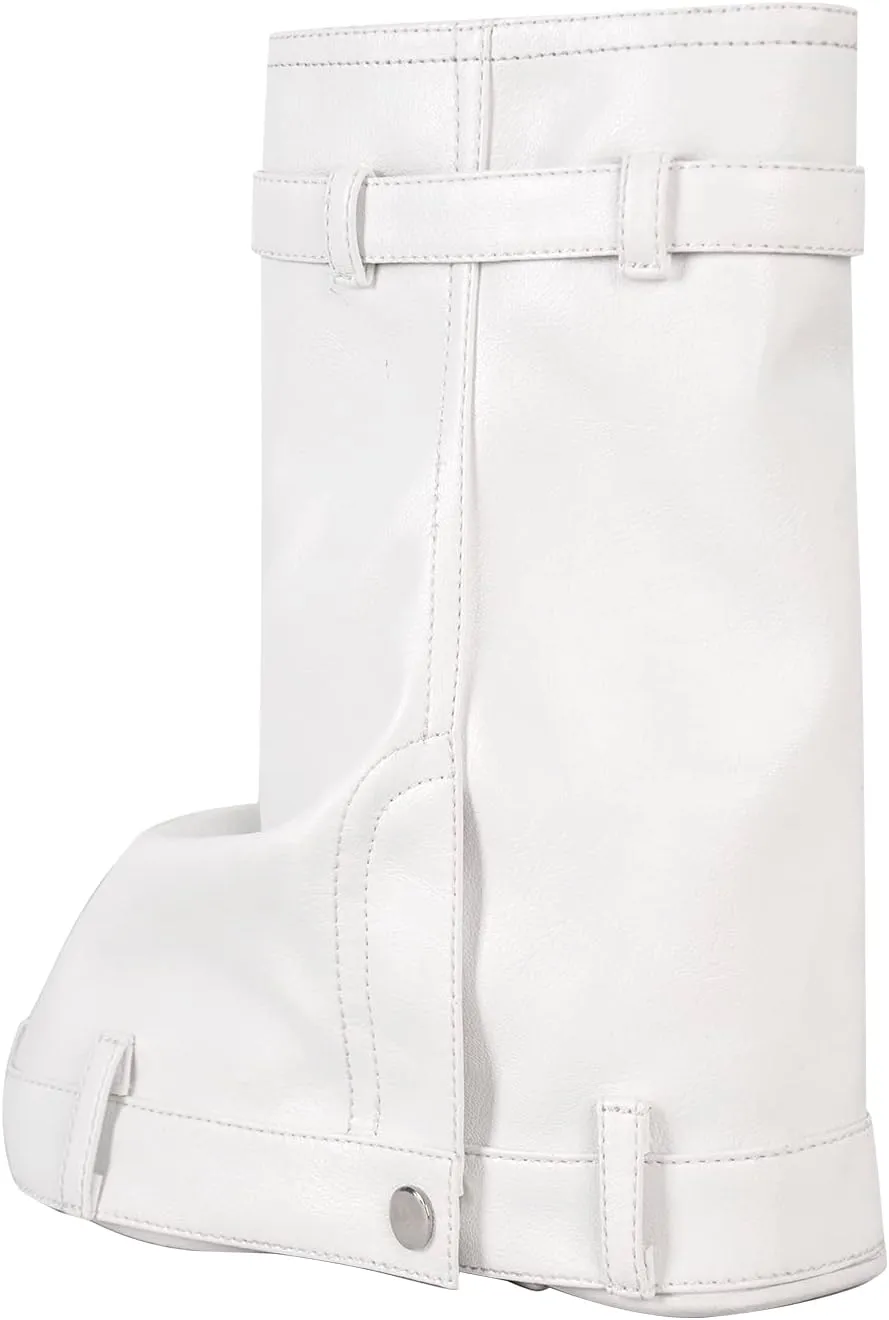 onlymaker Denim Canvas Wedge Platform Calf Boots Round Toe Pull-up Padlock Fold over Booties