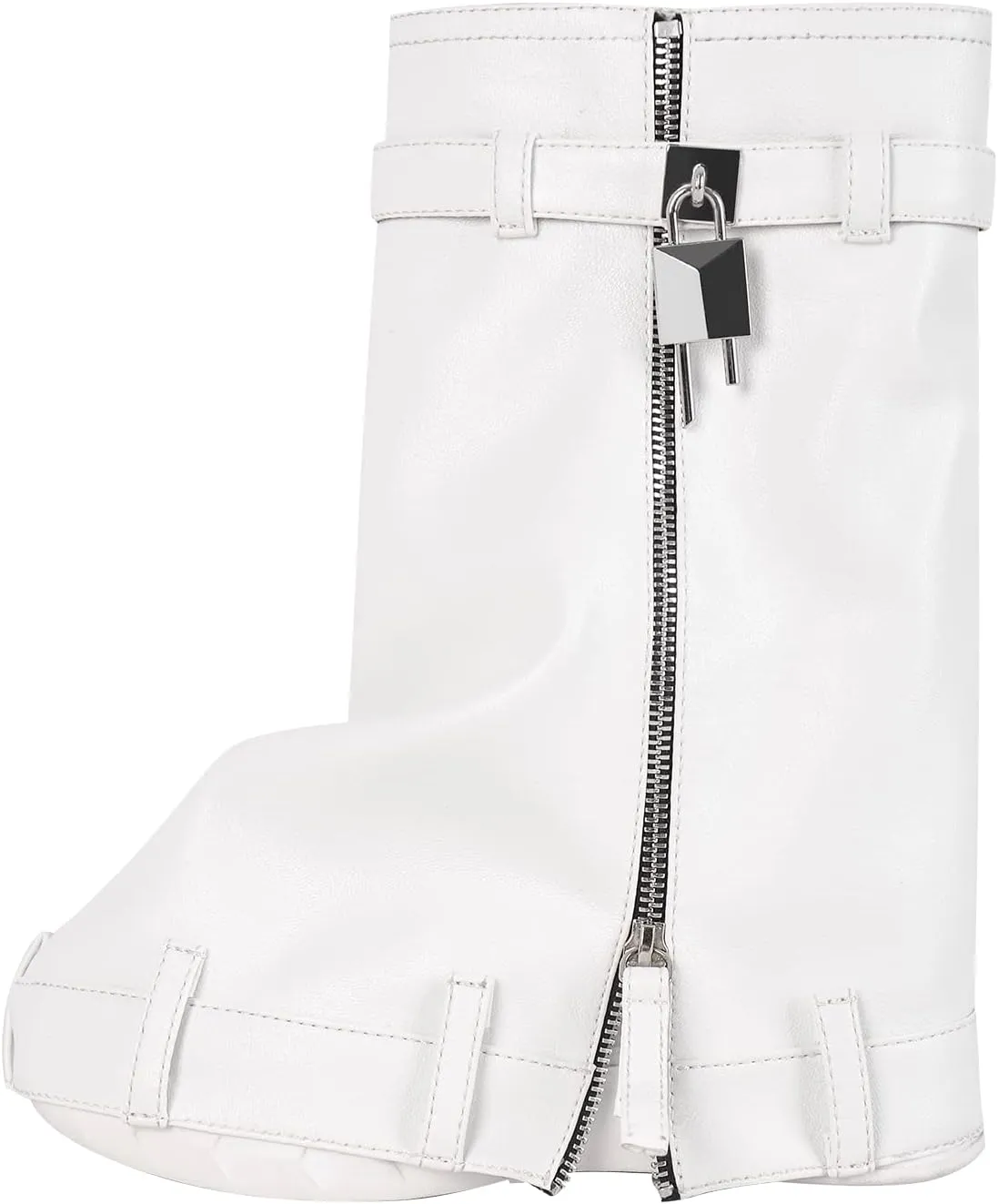 onlymaker Denim Canvas Wedge Platform Calf Boots Round Toe Pull-up Padlock Fold over Booties