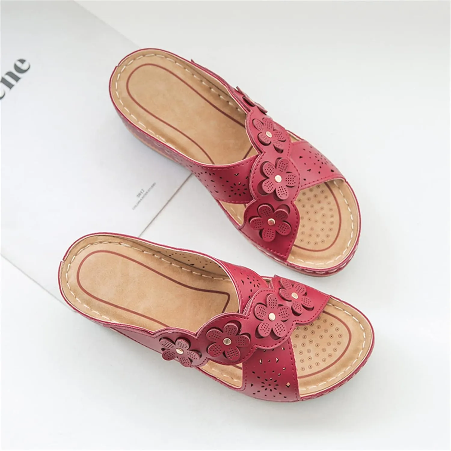 ORNVEION Open Toe Fancy Flower Women Wedge Orthopedic Sandals,Hollowed Slip on Arch Support Sandals Casual Bohemian Fashion Non-Slip Lightweight Slippers