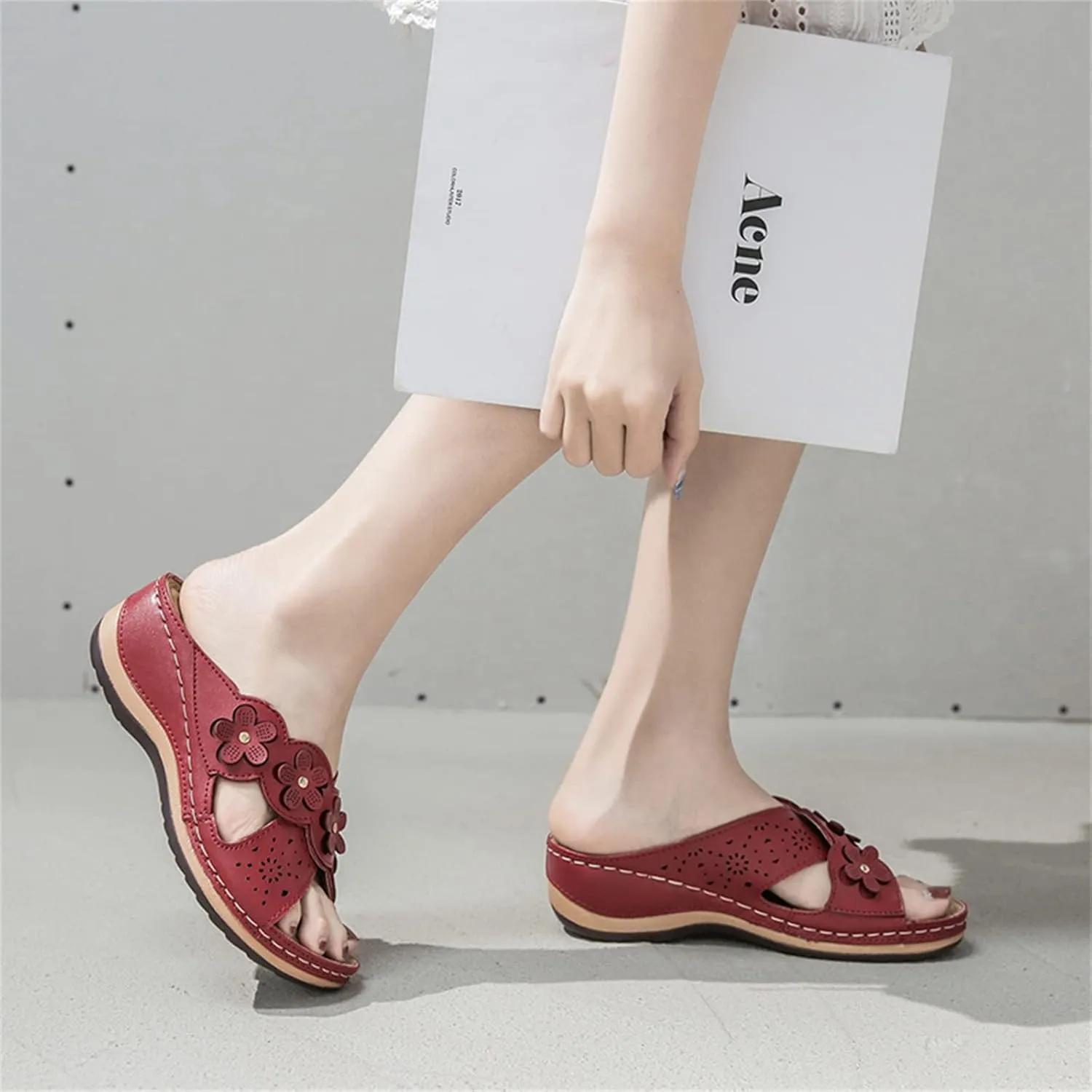 ORNVEION Open Toe Fancy Flower Women Wedge Orthopedic Sandals,Hollowed Slip on Arch Support Sandals Casual Bohemian Fashion Non-Slip Lightweight Slippers
